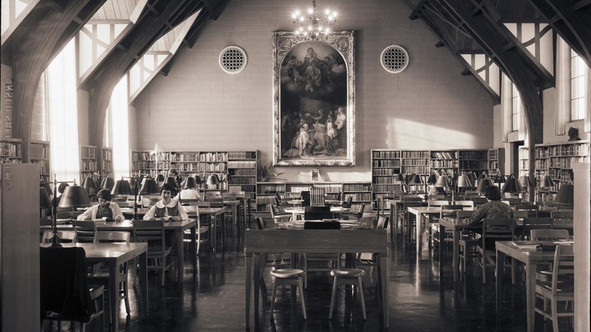 Black and white photo of Weber library interior