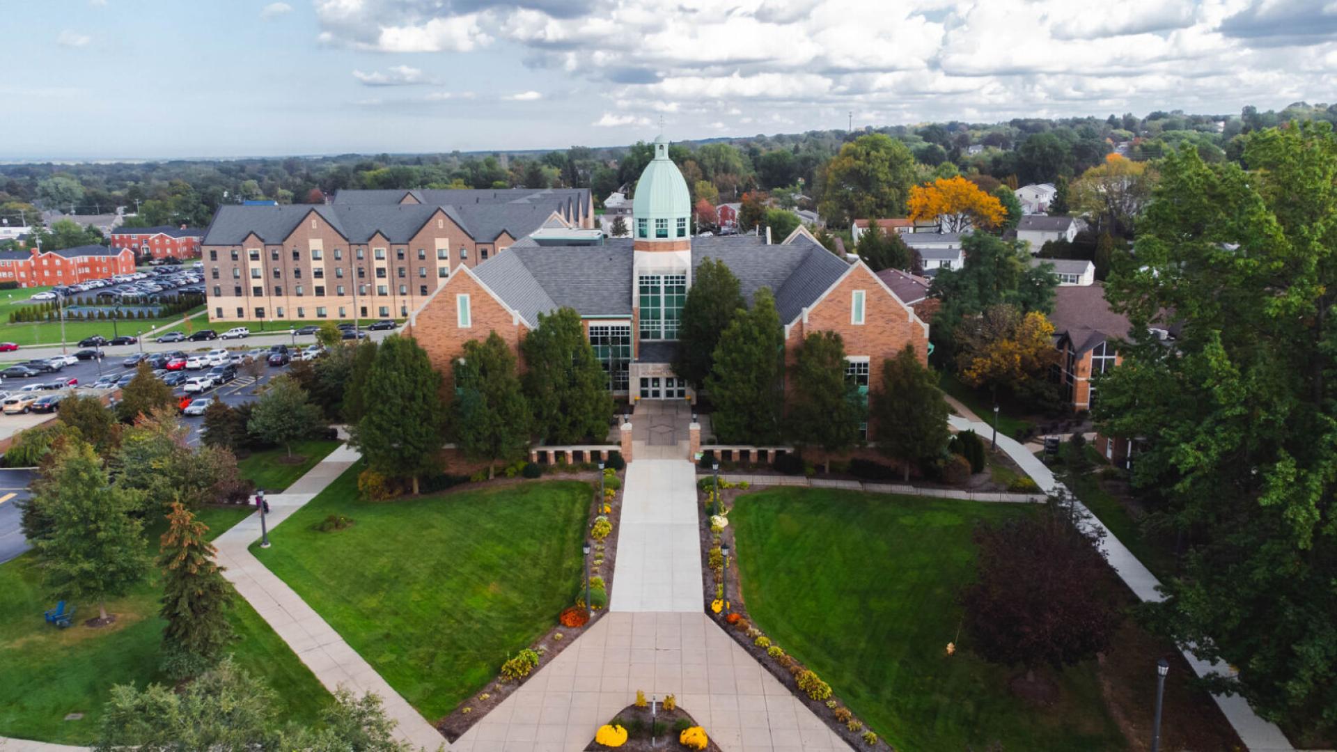 Aerial view of the Audrey Hirt Academic Center