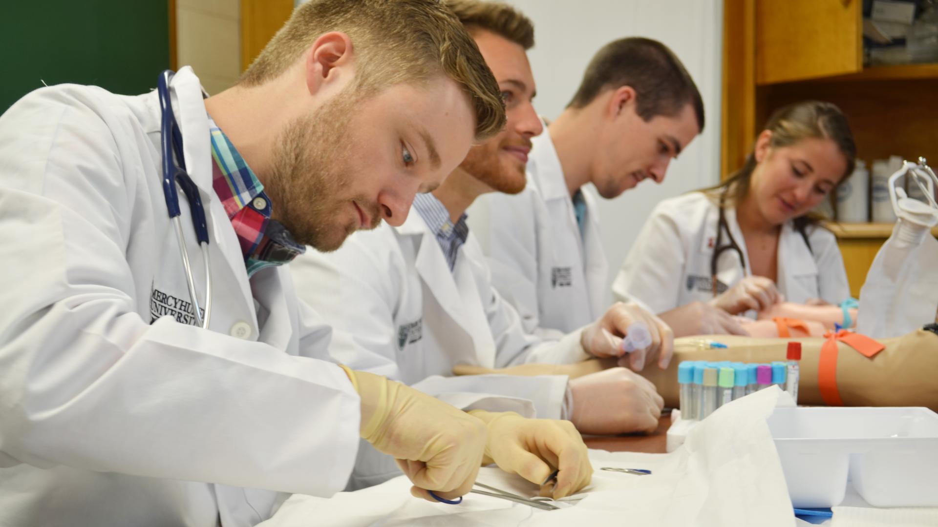 three male physician assistant students and one female student work in a lab